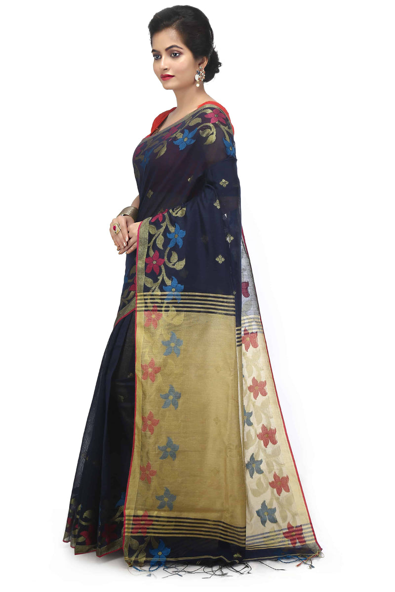 Navy Blue Bengal Handloom Cotton Silk Saree With Resham Work